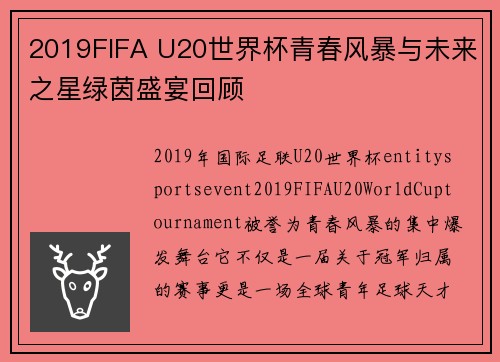 2019FIFA U20世界杯青春风暴与未来之星绿茵盛宴回顾